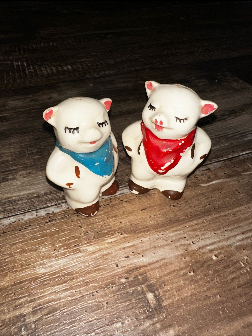 White Ceramic Pig Salt and Pepper Shaker Set with Red and Blue Bandanas